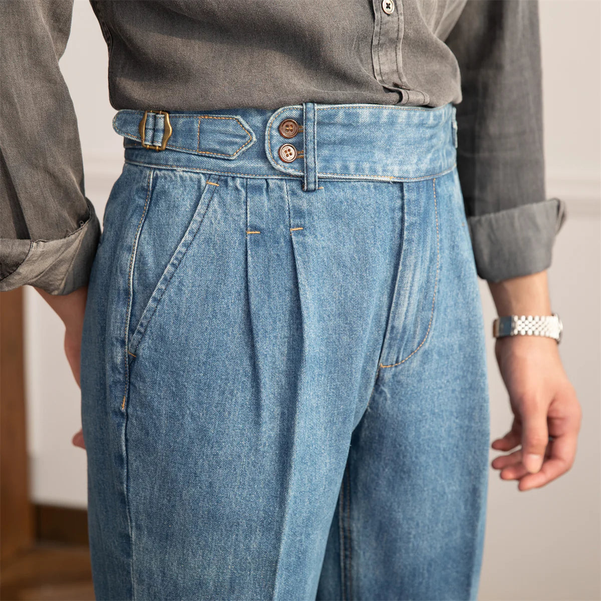 DENIM SEYR PLEATED STRAIGHT TROUSERS
