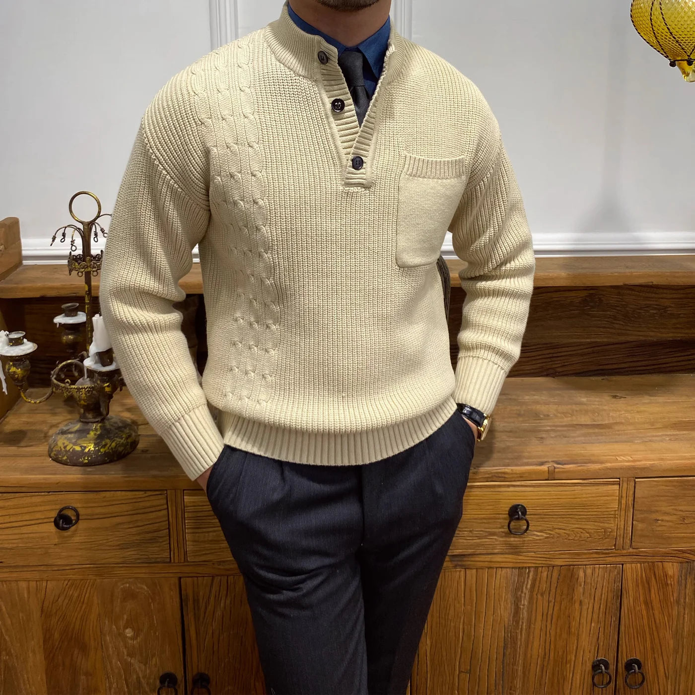 DUNES RIBBED CABLE KNIT BUTTON SWEATER
